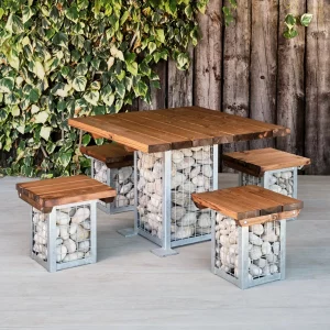 Square Wooden & Metal Gabion Table & Stools for Use Outdoors