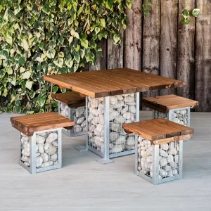 Square Gabion Set, Wooden & Metal Gabion Table & Stools for Use Outdoors, Indoor & Outdoor Furniture, Indoor & Outdoor Use, Commercial Furniture, Hospitality Furniture