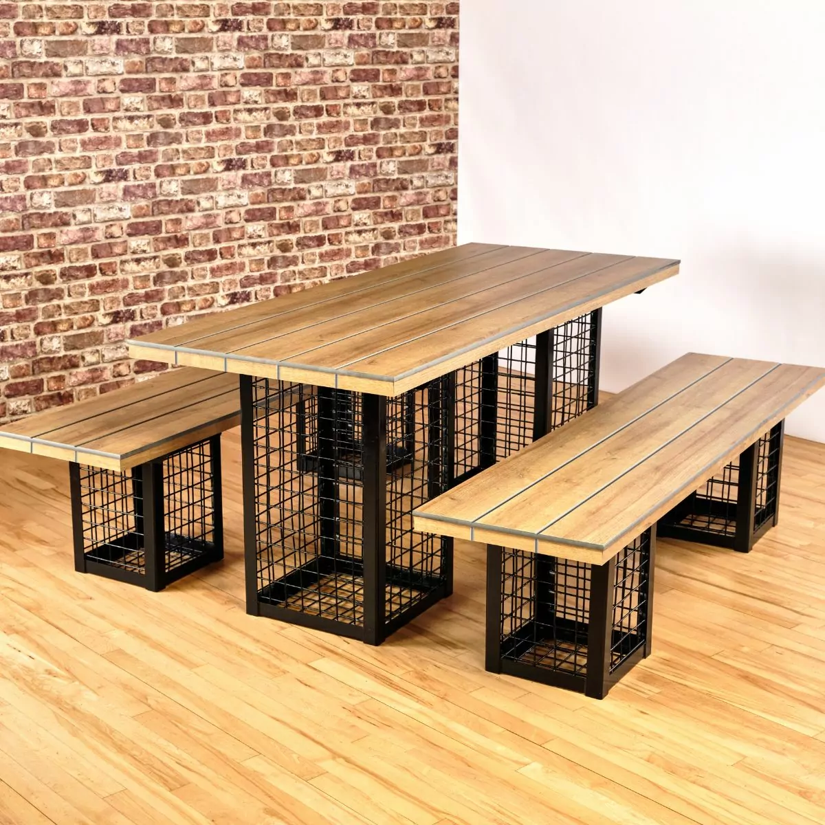 Gabion Large Rectangular Dining Table & Bench, Suitable for Indoor Use Only