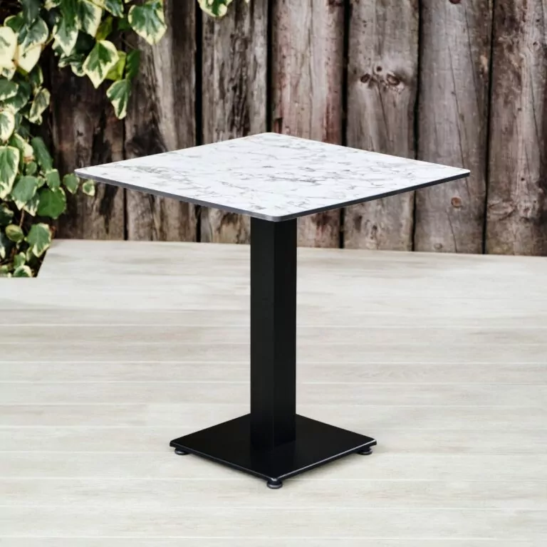 White Marble Rockingham Square Pedestal Table with Square Base. Suitable for Indoor & Outdoor Use.