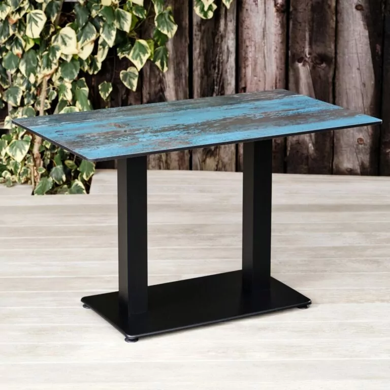 Teal Rockingham Rectangular Pedestal Table with Rectangular Base. Suitable for Indoor & Outdoor Use.