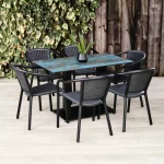 Teal Rockingham Rectangular Pedestal Table with Rectangular Base. Suitable for Indoor & Outdoor Use. With Black Darwin Armchairs