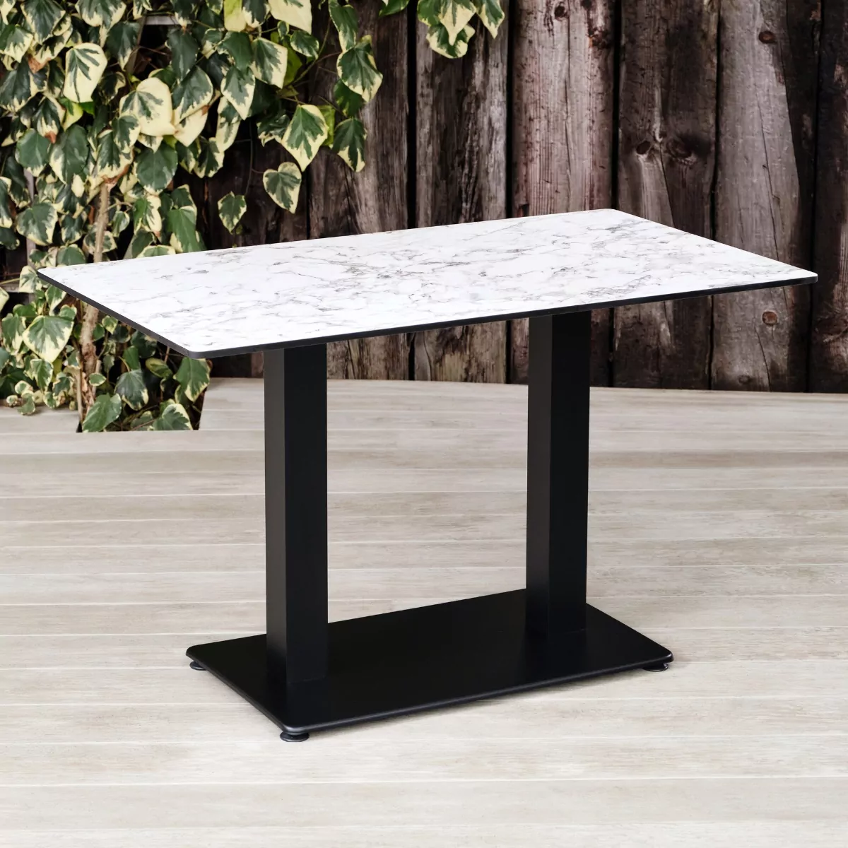 White Marble Rockingham Rectangular Pedestal Table with Rectangular Base. Suitable for Indoor & Outdoor Use.