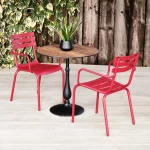 Bronze Rockingham Round Pedestal Table with Round Base. Suitable for Indoor & Outdoor Use. With Red Hamsterley Armchairs