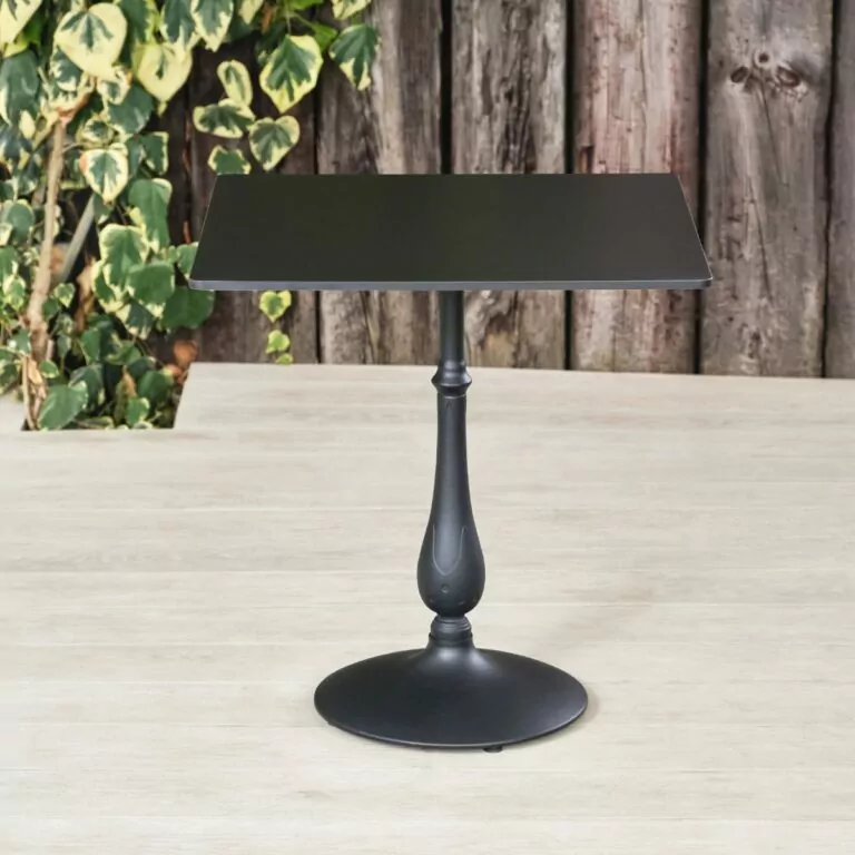 Black Rockingham Square Pedestal Table with Round Base. Suitable for Indoor & Outdoor Use.