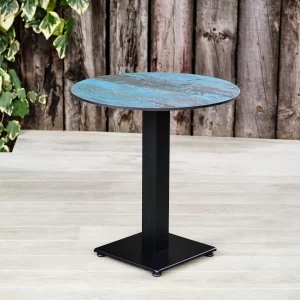 Teal Rockingham Round Pedestal Table with Square Base. Suitable for Indoor & Outdoor Use.