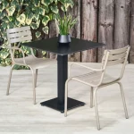 Black Rockingham Square Pedestal Table with Square Base. Suitable for Indoor & Outdoor Use. With Hamsterley Armchairs in Taupe