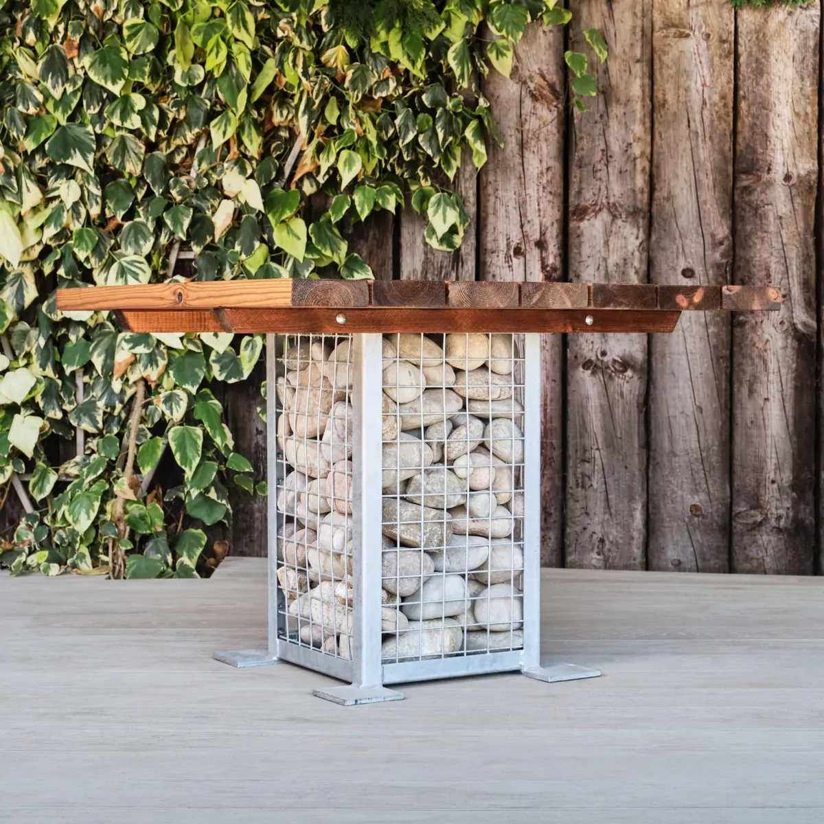 Gabion Metal & Wooden Square Table for Use Outside Only - Side View