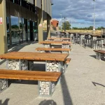 Piazza Catering Gabion Wooden & Metal Rectangular Tables & Benches & Hamsterley Bar Chairs