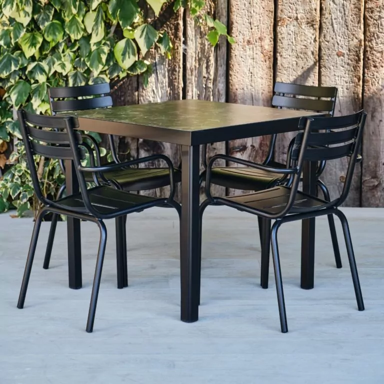Square Outdoor Table Black with Marble Effect Top Epping Range with 4 Black Metal Hamsterley Armchairs