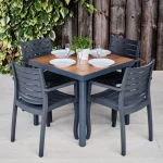 Epping Outdoor & Indoor Square Wood Effect Table with 4 Grey Armchairs