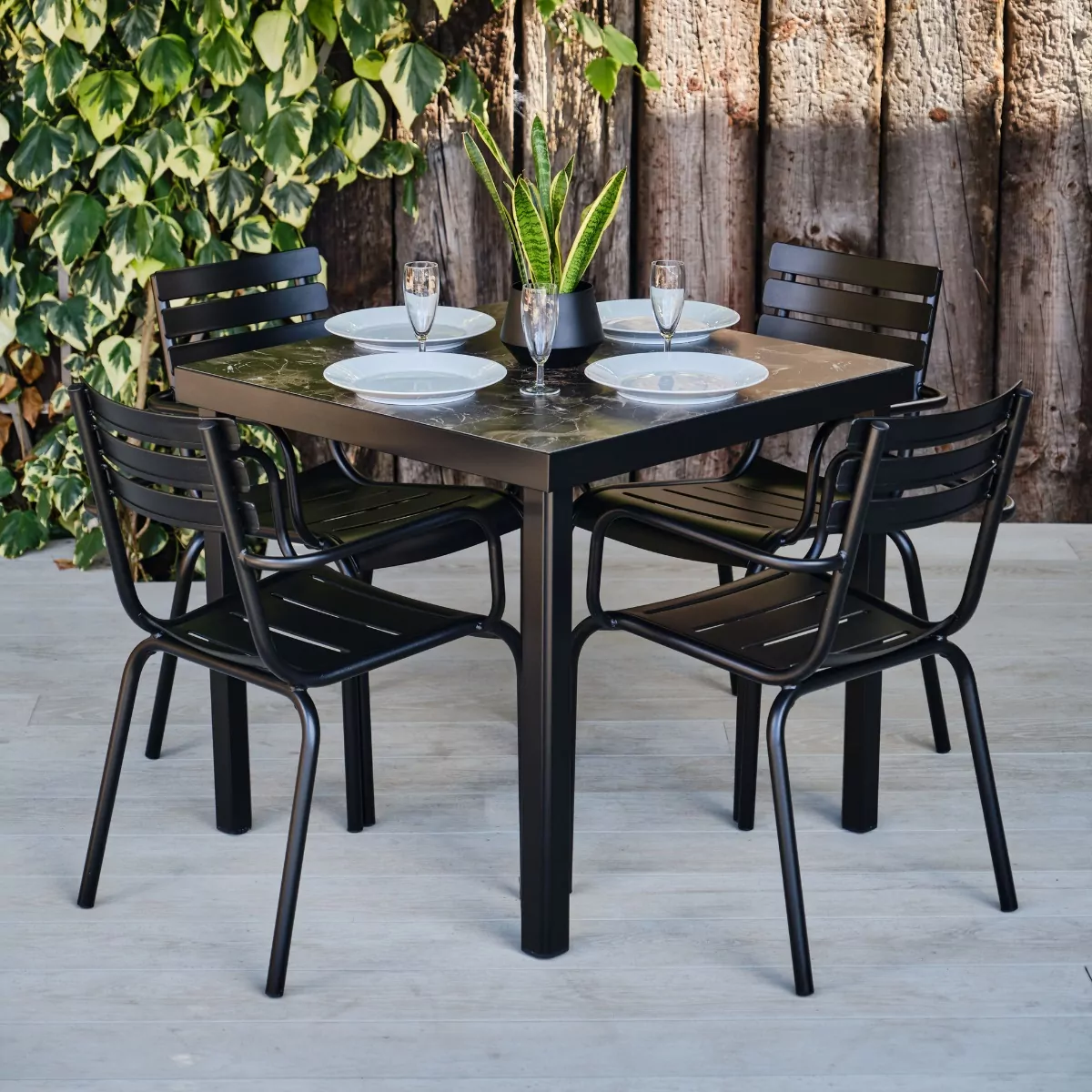 Epping Outdoor & Indoor Square Black Marble Effect Table with 4 Hamsterley Armchairs