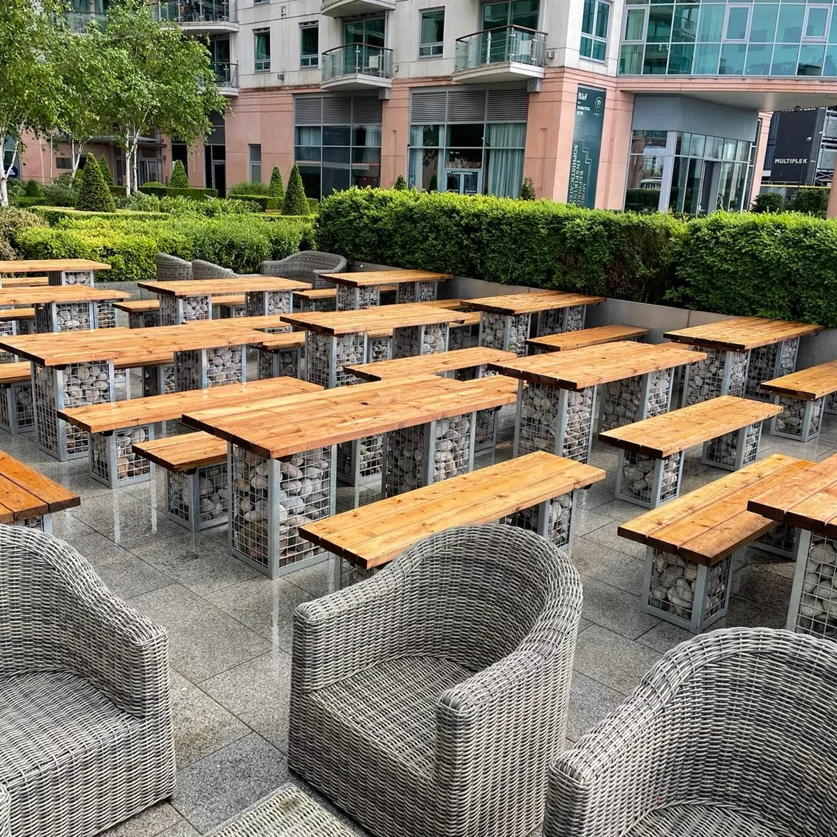 The Riverside Pub Vauxhall Gabion Range Rectangular Tables & Benches for Use Outdoors Only