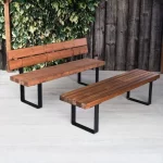 Sherwood Bench with Back, Indoor & Outdoor Bench, Wood & Metal Industrial Outdoor Commercial Bench with Back - Side View, Indoor & Outdoor Furniture, Indoor & Outdoor Use, Commercial Furniture, Hospitality Furniture