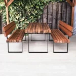 Sherwood Bench with Back, Indoor & Outdoor Wood & Metal Bench, Industrial Outdoor Commercial Table & Benches with Back - Side View, Indoor & Outdoor Furniture, Indoor & Outdoor Use, Commercial Furniture, Hospitality Furniture