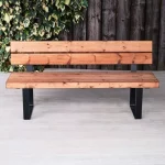 Sherwood Bench with Back, Indoor & Outdoor Wood & Metal Bench, Industrial Outdoor Commercial Bench with Back - Front View, Indoor & Outdoor Furniture, Indoor & Outdoor Use, Commercial Furniture, Hospitality Furniture
