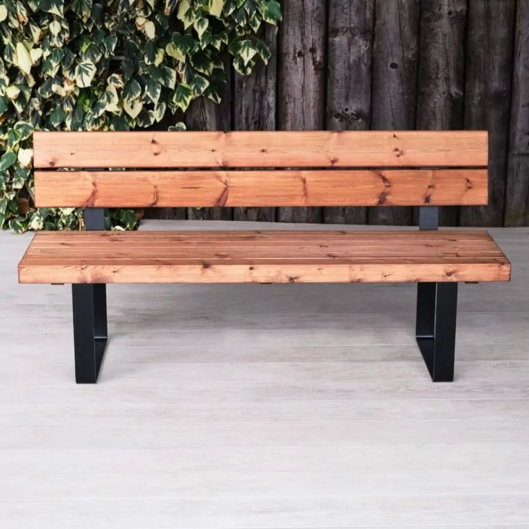 Sherwood Indoor & Outdoor Wood & Metal Industrial Outdoor Commercial Bench with Back - Front View