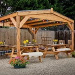 Commercial Wooden Gazebo - Side View with Picnic Tables, Wooden Cafe Pergola, Restaurant Pergola, Outdoor Pergola, Pub Pergola