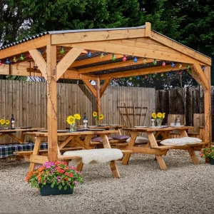 Commercial Wooden Pergola - Side View with Picnic Tables