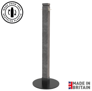 Eco Cafe Barrier Post in Grey with Logo, Heavy Duty Cafe Barriers, Pavement Barriers, Bespoke Cafe Barrier Posts, Post & Rope, Rope Barrier, Custom Cafe Barriers, Recycled Cafe Barrier Post, Powder Coated Cafe Barrier Stanchions