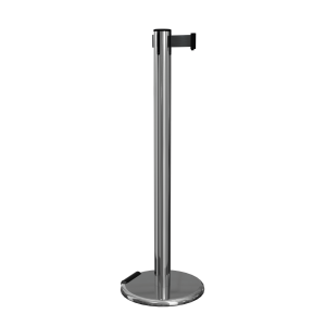 Polished Stainless Steel RollerPro 251 Retractable Barrier Post with Black Tape, Retracting Barrier Post, Retractable Stanchion, Metal Retractable Barrier, Commercial Retractable
