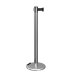 Satin Stainless Steel RollerPro 251 Retractable Barrier Post with Black Tape, Retracting Barrier Post, Retractable Stanchion, Metal Retractable Barrier, Commercial Retractable