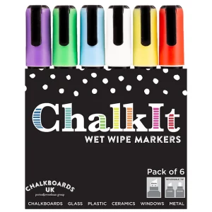 Wet Wipe Chalkboard Marker Coloured Pens. Pack of 6. 6mm, Commercial Use, Chalkboard A-Frames