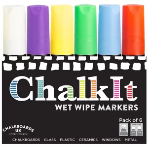 Wet Wipe Chalkboard Marker Coloured Pens. Pack of 6. 15mm, Commercial Use, Chalkboard A-Frames