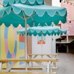 Double Decker Giant Umbrella in Blue Fabric with White Trim Valance - Santa Barbara, Commercial Umbrellas, Commercial Giant Umbrellas, Restaurant Parasols, Hospitality Giant Umbrella, Pub Parasol