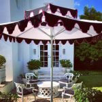 Double Decker Giant Umbrella in White Fabric with Black & Purple Valance - Santa Barbara, Commercial Umbrellas, Commercial Giant Umbrellas, Restaurant Parasols, Hospitality Giant Umbrella, Pub Parasol