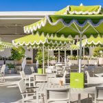 Double Decker Giant Umbrella in Lime Green Fabric with White Fringe Curved Valance - Santa Barbara, Commercial Umbrellas, Commercial Giant Umbrellas, Restaurant Parasols, Hospitality Giant Umbrella, Pub Parasol