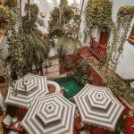 Double Decker Giant Umbrella in Taupe & White Striped Fabric with Curved Valance - Santa Barbara, Commercial Umbrellas, Commercial Giant Umbrellas, Restaurant Parasols, Hospitality Giant Umbrella, Pub Parasol
