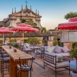 Double Decker Giant Umbrella in Red Fabric with Valance - Santa Barbara, Commercial Umbrellas, Commercial Giant Umbrellas, Restaurant Parasols, Hospitality Giant Umbrella, Pub Parasol