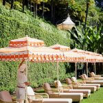 Double Decker Giant Umbrella in Orange & White Striped Fabric with Matching Valance - Santa Barbara, Commercial Umbrellas, Commercial Giant Umbrellas, Restaurant Parasols, Hospitality Giant Umbrella, Pub Parasol