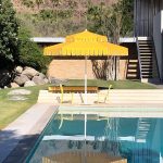 Double Decker Giant Umbrella in Yellow Fabric with a White Valance - Santa Barbara, Commercial Umbrellas, Commercial Giant Umbrellas, Restaurant Parasols, Hospitality Giant Umbrella, Pub Parasol