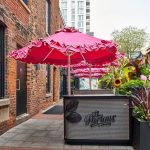 Pink Petite Flamenco Giant Umbrella Installation at The Parlour, Commercial Umbrellas, Commercial Giant Umbrellas, Restaurant Parasols, Hospitality Giant Umbrella, Pub Parasol