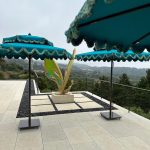 Double Decker Giant Umbrella in Teal Fabric with Matching Fringe- Santa Barbara Commercial Umbrellas, Commercial Giant Umbrellas, Restaurant Parasols, Hospitality Giant Umbrella, Pub Parasol