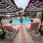 Double Decker Giant Umbrella in Black & White Fabric with a Pink Fringe - Santa Barbara, Commercial Umbrellas, Commercial Giant Umbrellas, Restaurant Parasols, Hospitality Giant Umbrella, Pub Parasol