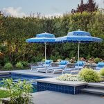Double Decker Giant Umbrellas from Santa Barbara in Blue & White in Pool Setting, Commercial Umbrellas, Commercial Giant Umbrellas, Restaurant Parasols, Hospitality Giant Umbrella, Pub Parasol