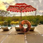 Double Decker Giant Umbrella in Red & White Stripe Fabric with Scalloped Valance, Commercial Umbrellas, Commercial Giant Umbrellas, Restaurant Parasols, Hospitality Giant Umbrella, Pub Parasol