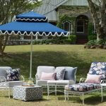 Double Decker Giant Umbrella in Navy Blue Fabric with White Fringe Curved Valance - Santa Barbara, Commercial Umbrellas, Commercial Giant Umbrellas, Restaurant Parasols, Hospitality Giant Umbrella, Pub Parasol
