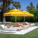 Double Decker Giant Umbrella in Yellow Fabric with White Trim Valance - Santa Barbara, Commercial Umbrellas, Commercial Giant Umbrellas, Restaurant Parasols, Hospitality Giant Umbrella, Pub Parasol