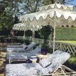 Double Decker Giant Umbrella in White Fabric with Blue Trim Valance - Santa Barbara, Commercial Umbrellas, Commercial Giant Umbrellas, Restaurant Parasols, Hospitality Giant Umbrella, Pub Parasol