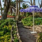 Petite Flamenco Giant Umbrella in Blue Fabric with White Trim Frilled Valance - Santa Barbara, Commercial Umbrellas, Commercial Giant Umbrellas, Restaurant Parasols, Hospitality Giant Umbrella, Pub Parasol