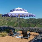 Double Decker Giant Umbrella in White & Blue Stripe Fabric with Blue Trim Valance - Santa Barbara, Commercial Umbrellas, Commercial Giant Umbrellas, Restaurant Parasols, Hospitality Giant Umbrella, Pub Parasol