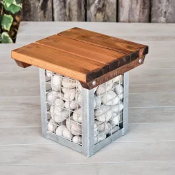 Gabion Stool, Wood & Metal Gabion Square Stool with Atlantic Cobble Filling For Use Outdoors Only, Outdoor Furniture, Outdoor Use, Commercial Furniture, Hospitality Furniture